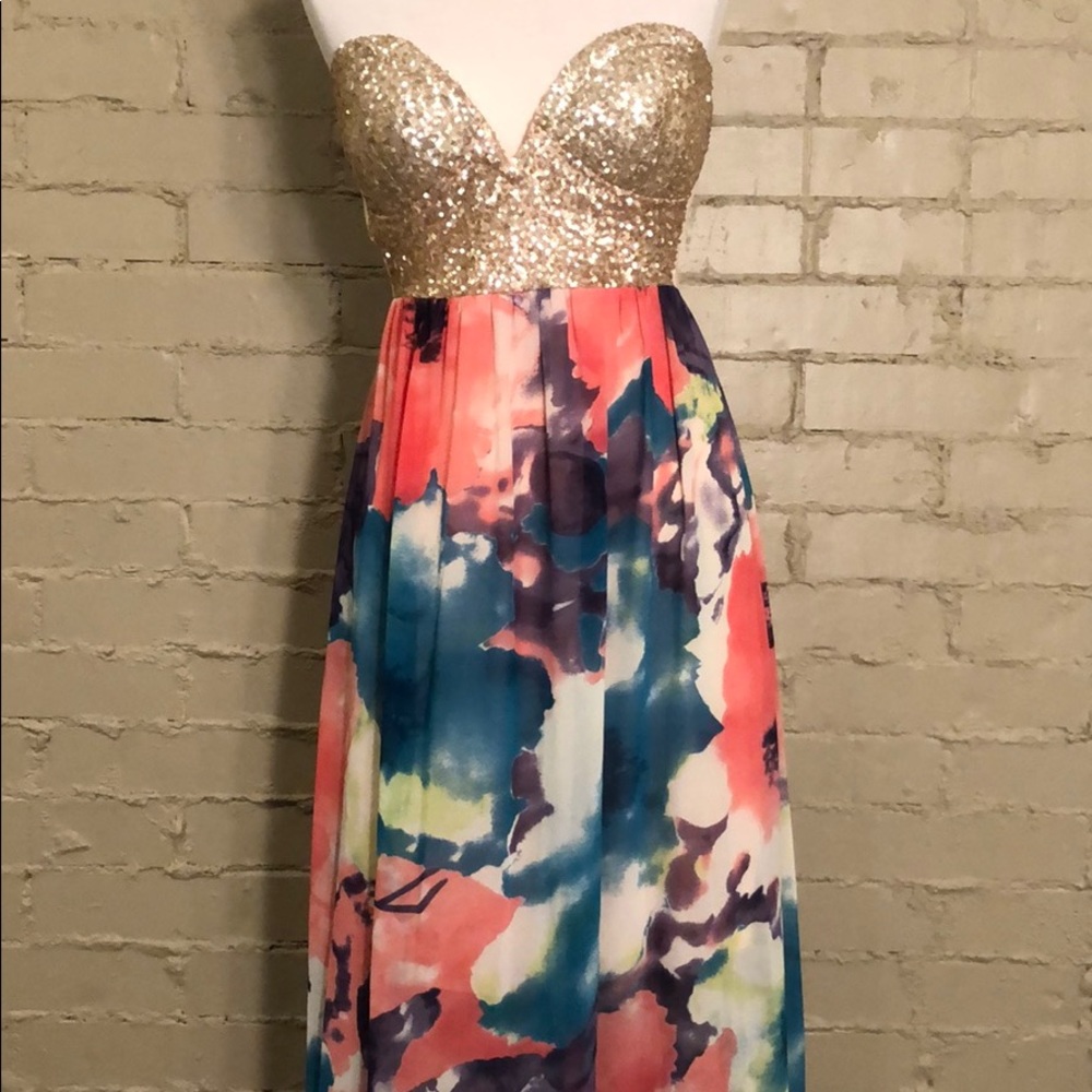 Reverse Strapless Gold & Multi. Color Long Dress S